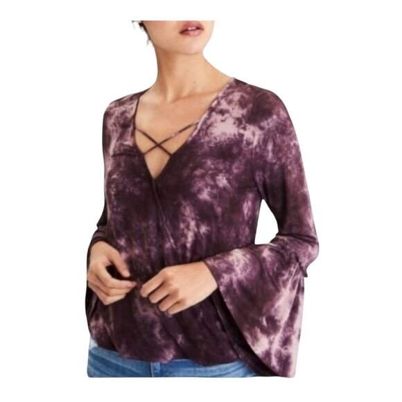 American Eagle Soft & Sexy Tie-Dye Bell Sleeve Wrap Top Blouse Womens M Purple - Picture 1 of 16